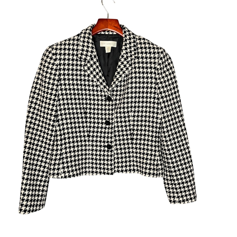 Petite Sophisticate Houndstooth Blazer Jacket Sz 8‎ Italy Classic Tweed Timeless